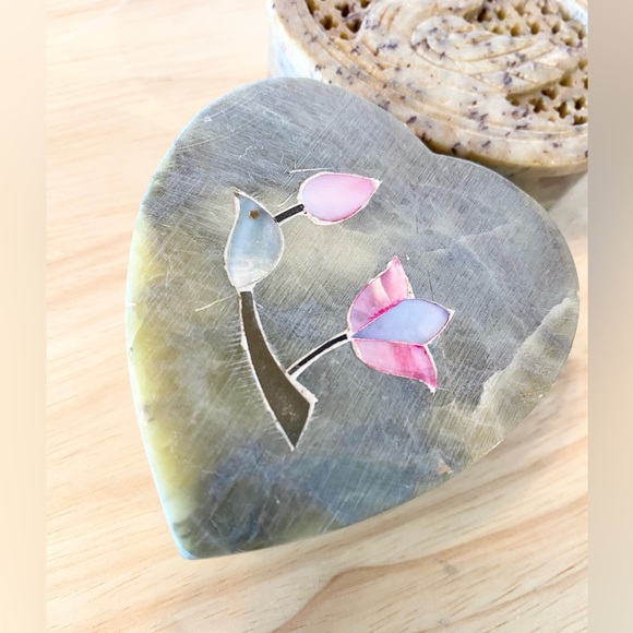 Vintage Stone Trinket Box Collection Mother Of Pearl Set 3 Soapstone Jewelry - Picture 6 of 6